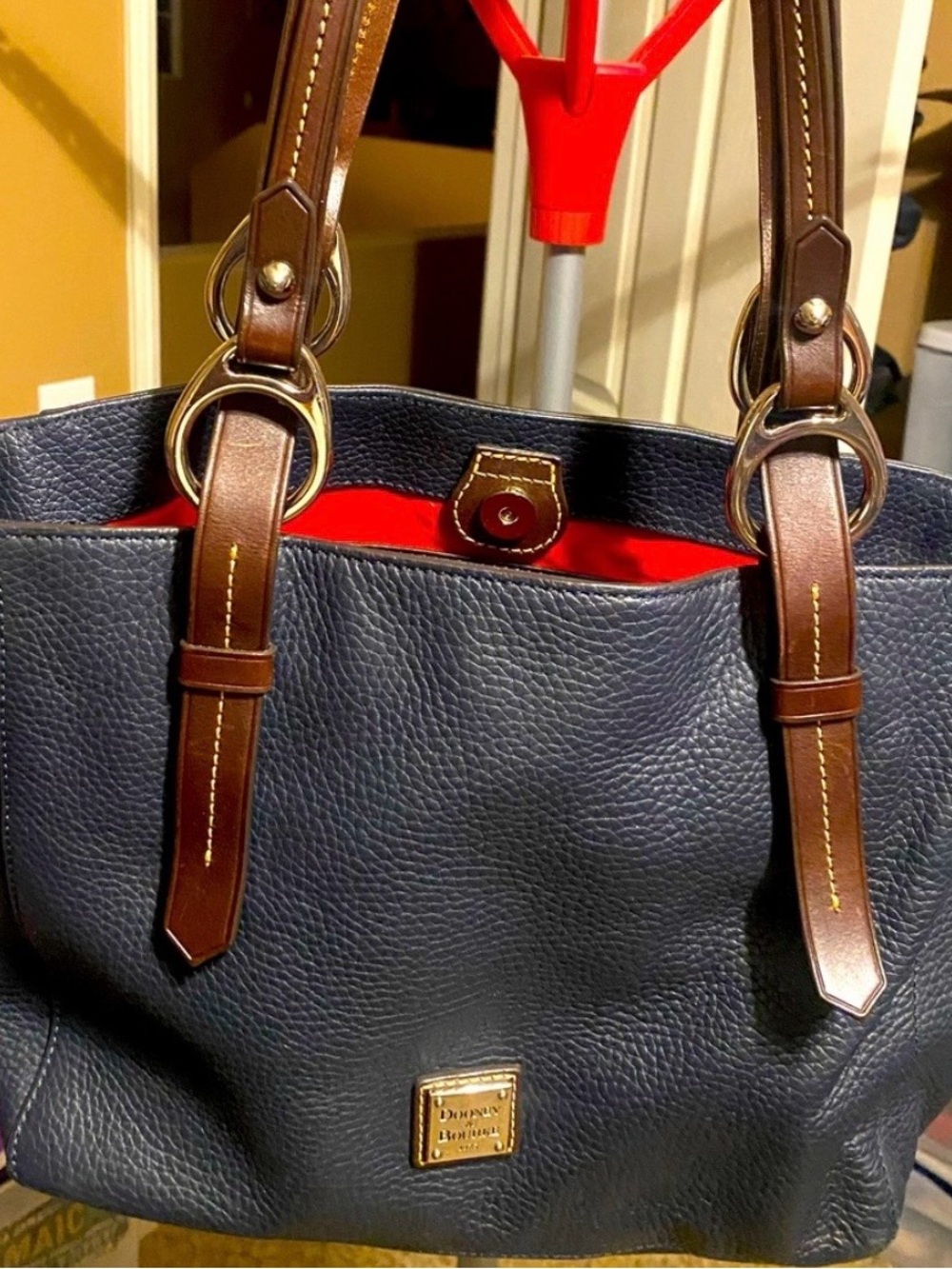 Dooney & Bourke Navy Pebbled Leather Tote with Brown Straps and Red Interior
